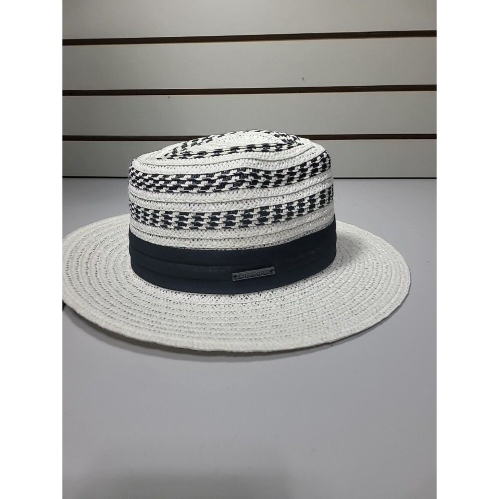 Vince Camuto Black And White Stripes Straw Fadora Hat Nwt